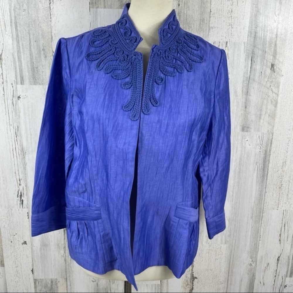 Chico’s Women’s Blue Open Front Linen Bland‎ Embroidered Jacket Sz 1